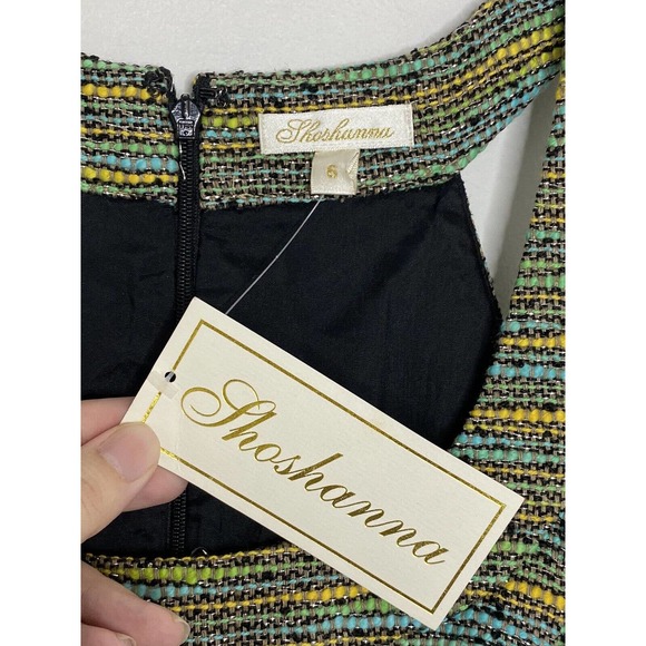 Shoshanna Green Stripe Silk Blend Metallic Sleeveless Pleated Tweed Dress 6 New - Picture 3 of 6